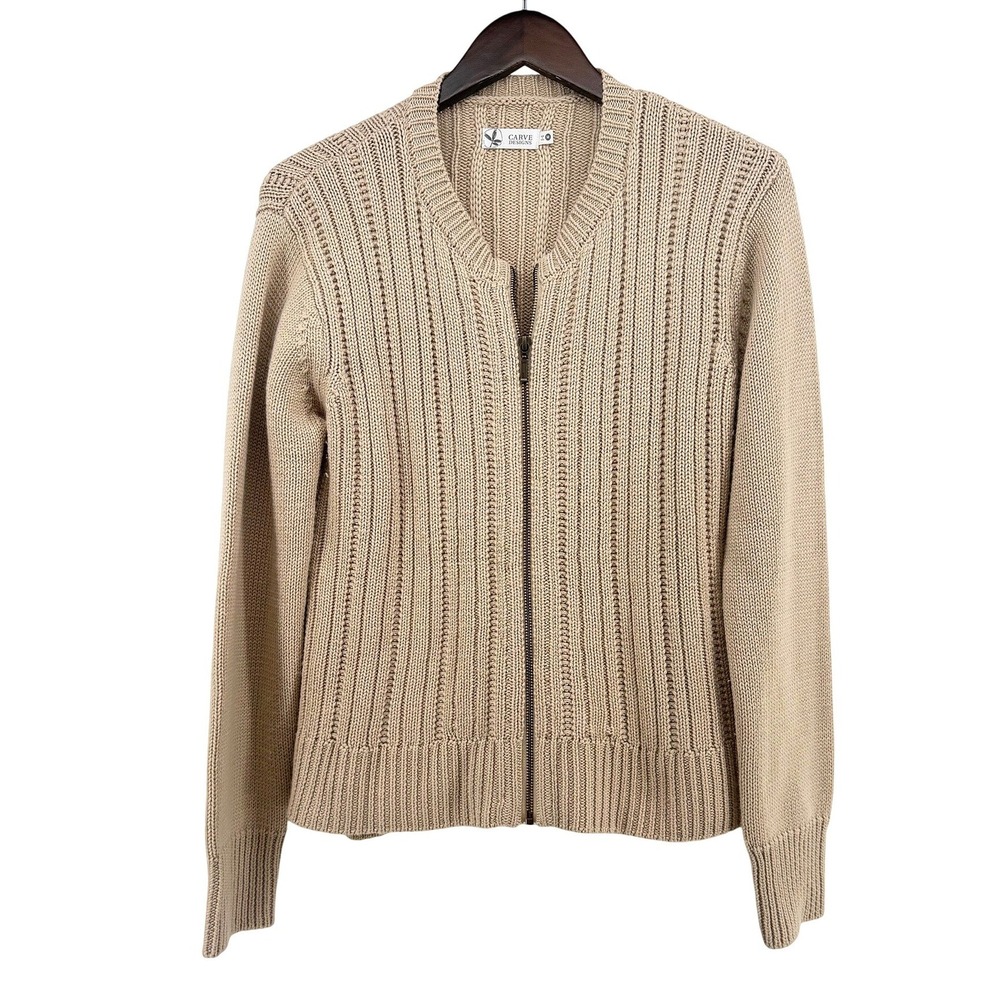 Carve Designs Womens Beige Ribbed Wool Blend Sequin Full Zip Cardigan Sweater M